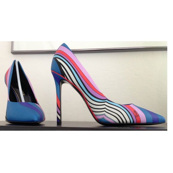 Auth NIB Pucci striped swirl print blue lavender red pumps box bag EU 37 US 7 - Picture 1 of 8